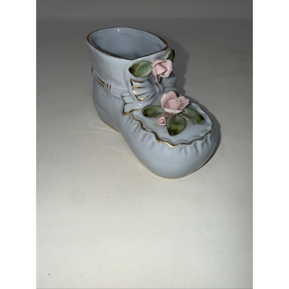 Vintage 50's Arnart Porcelain Blue Baby Bootie Shoe Planter Rose Gold Trim Japan